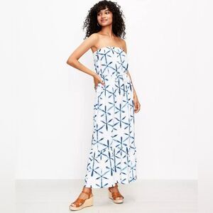Loft white and blue starburst tie dye strapless maxi dress size medium petite